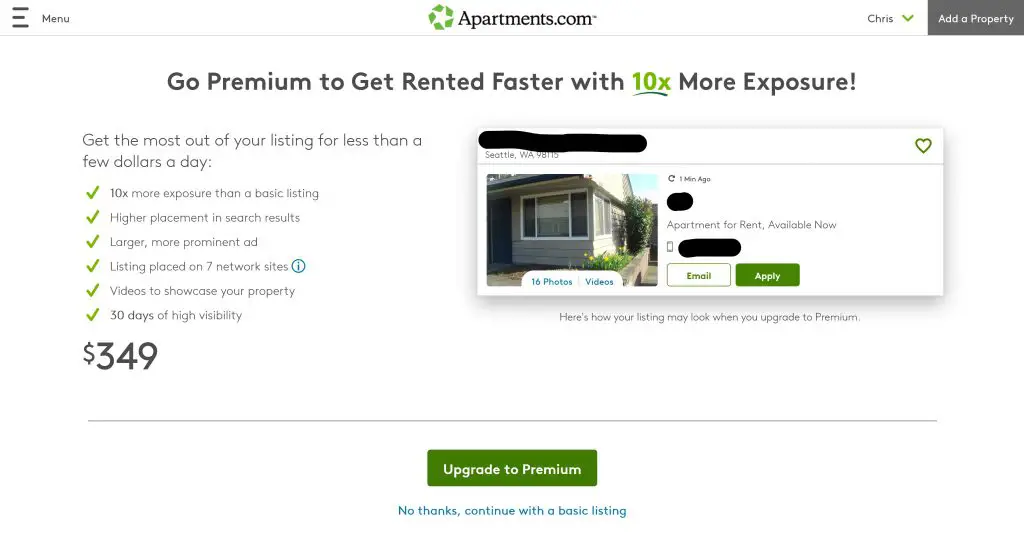 Upgrade to premium upsell when you advertise on apartments.com