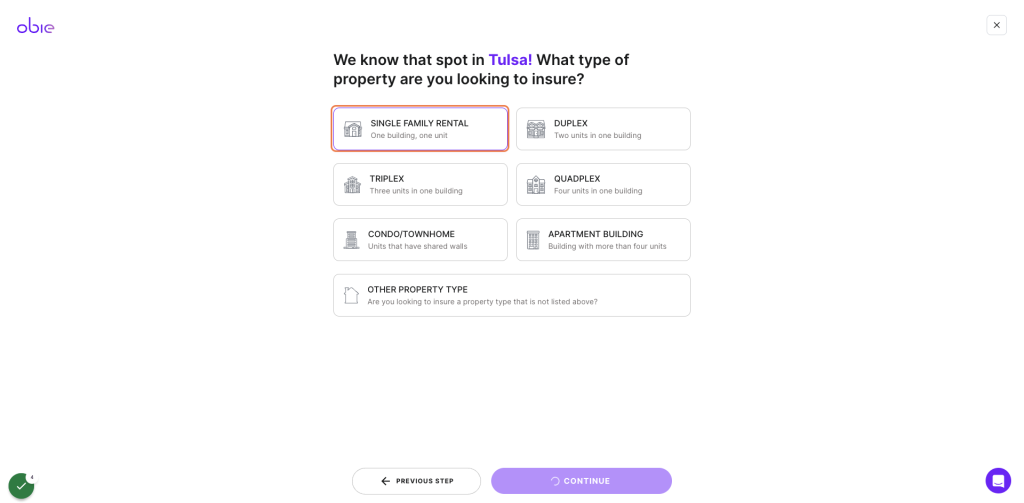 Obie insurance: choose property type screenshot